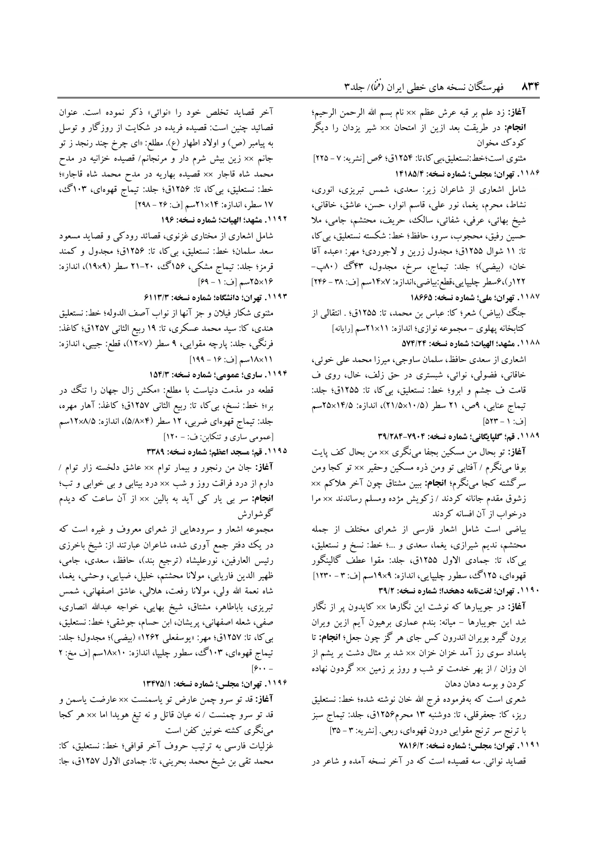 برگه‌ی ج ۳، ص ۸۳۴، ردیف ۱۱۹۰ در فنخا